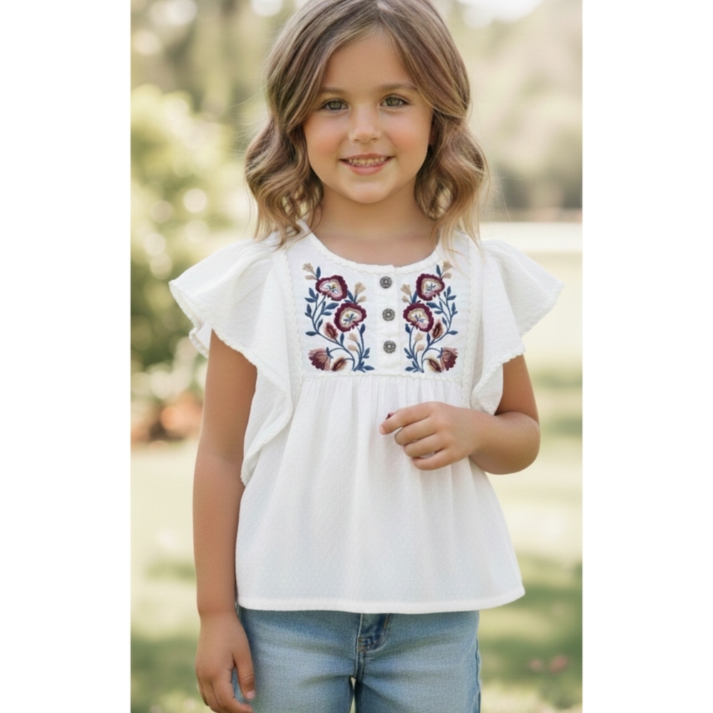Artisan NY Girls Flutter-Sleeve Boho Floral Embroidered Swing Blouse Sz: 6X